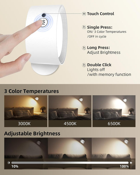 3 360 Dimmable 1 Pack) LED Wall Mounted Lights, Rechargeable Wall Sconces Lamp, Color Temps & Remote and Touch