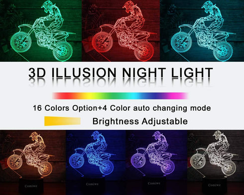 Comiwe 3D Toy,16 Motocross Illusion Night Light Colours Change Smart Touch & Remote Control,Home Decor LED Bedside