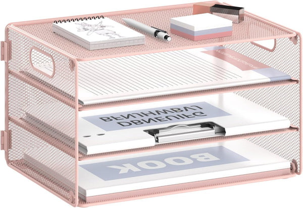 DALTACK 3 Tier Letter Tray Paper Organizer with Handle, Mesh Desk File Organizer for School Office Home, Pink