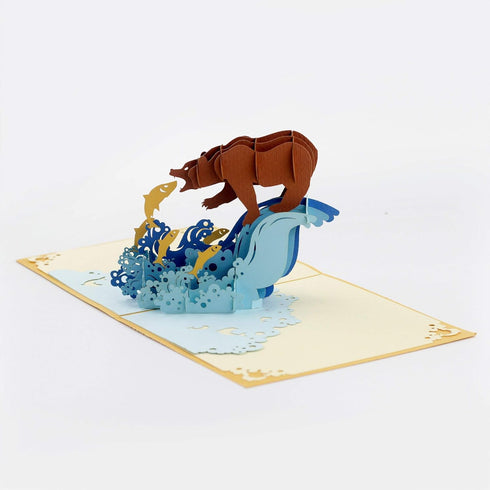 CUTE POPUP Bear Catching Salmon Father's Day Card, Happy Birthday Popup Card, Handmade Greeting Card for Family and
