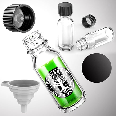 12PCS 0.5 oz Clear Glass Bottles, 15ml Boston Round Sample Bottles with Black Poly Cone Caps, Labels, Funnels