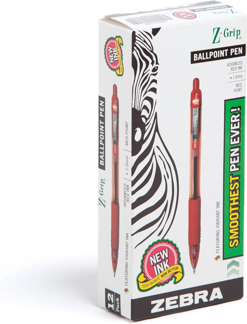 Zebra Pen Z-Grip Retractable Ballpoint Pen, Medium Point, 1.0mm, Red Ink, 12-Count