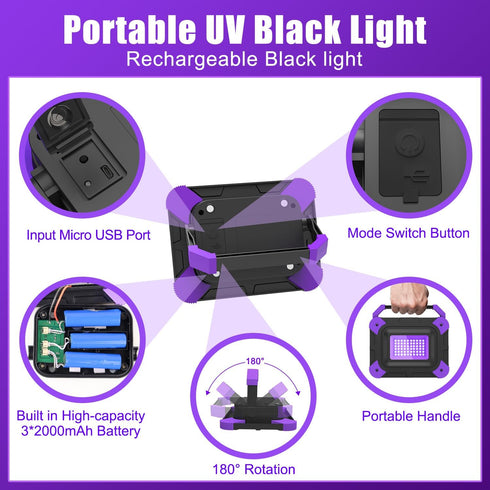 1Pack T-SUN Rechargeable Black Lights, Battery Powered Blacklights for Glow Party Fishing Cordless Black Light