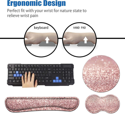 Ergonomic Mouse Pad with Wrist Support Set and Keyboard Wrist Rest for Laptop, Mac, Gaming, Office, Pink Glitter
