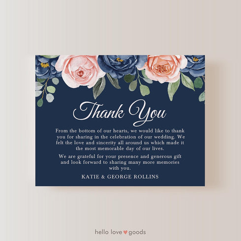 5.5x4.25 Personalized Wedding Thank You Cards with Message, Navy Blue Flat Thank You Note Cards with Pink Floral