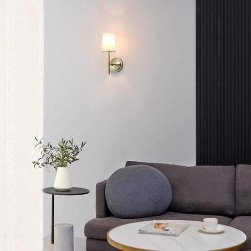 51861 1-Light Bulb Globe Electric Clarissa Wall Sconce, Matte Brass, White Fabric Shade, Not Included