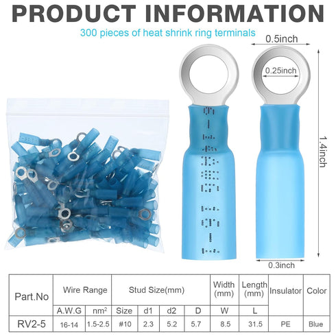 300 Pcs Heat Shrink Ring Terminals #10 Blue 16-14 AWG Electrical Connectors Ring Connector Clear 10 AWG Wire Connectors, Waterproof and Insulated (Ring 10")