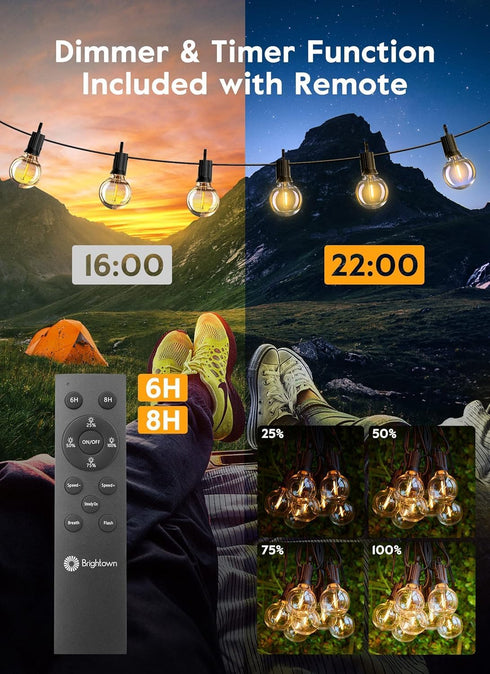 38Ft 15 Bulbs Brightown Outdoor String Lights with Remote & Shatterproof LED - Waterproof Patio Hanging Lamps for Porch
