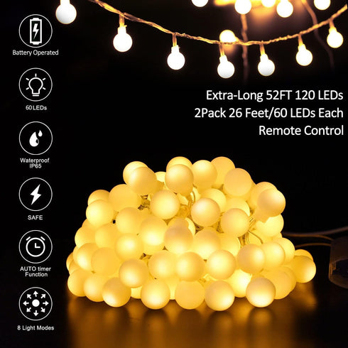 2-Pack 52FT 120LEDs 26FT 60LEDs 8 Battery Operated LED Globe String Lights, Total - Each Mode Waterproof Christmas