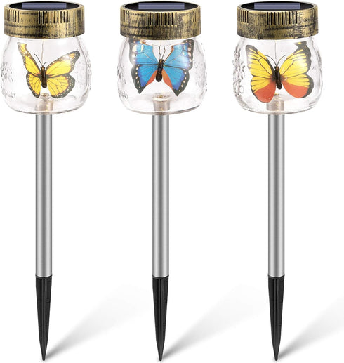 SUNWIND Solar Garden Lights Outdoor Decorative - 3 Pack Decorative Butterfly Glass Jar