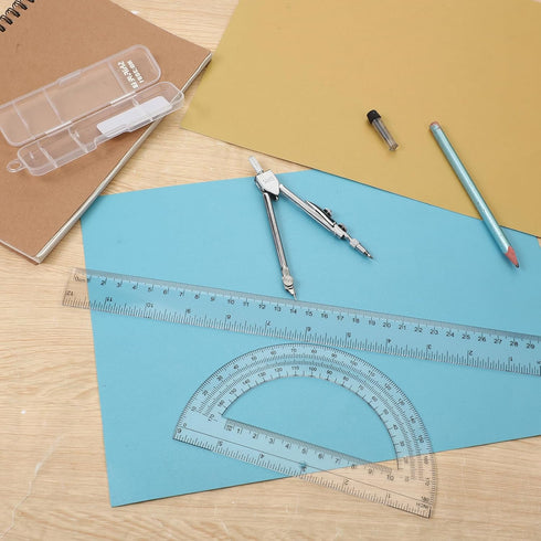 JJUNW Set, 3 12Inch Geometry Pcs Geometry Tools with Drawing Compass Clear Plastic Ruler Protractor Math Ruler