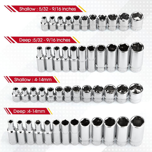 TOHOME 1/4" Set 74-Piece, 1/4 Set 1/4" Set (5/32-Inch- 9/16-Inch, 4mm-14mm) Drive Socket Drive Master Socket