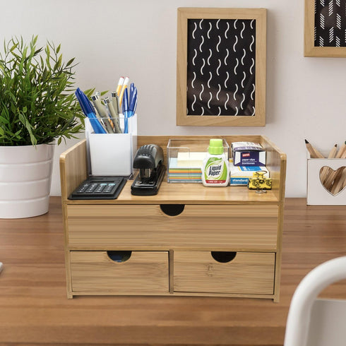Sorbus Bamboo Desk Organizer - 3-Tier 100% Bamboo Desktop Organizers with 3 Drawers & Shelf
