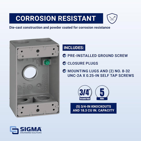 SIGMA ENGINEERED SOLUTIONS 14253-5 Metal Electrical Outlet Box, Weatherproof, Gray, 1 Gang Box with 5 Holes