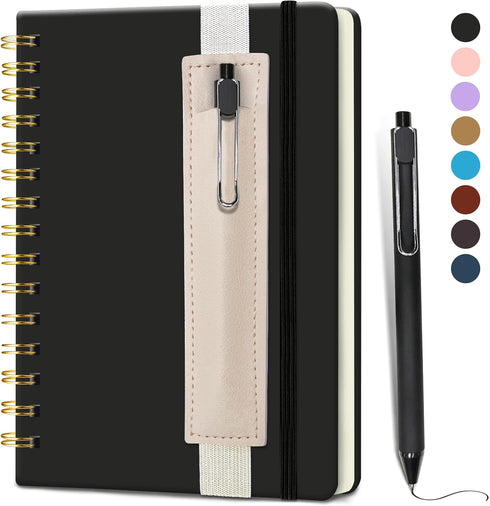 Lined Spiral Journal (Black), 5.7"x 8.27", 160 Pages, A5 Notebook with Pen Holder & Pen for Writing