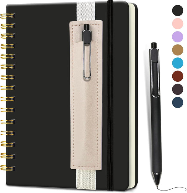 Lined Spiral Journal (Black), 5.7"x 8.27", 160 Pages, A5 Notebook with Pen Holder & Pen for Writing