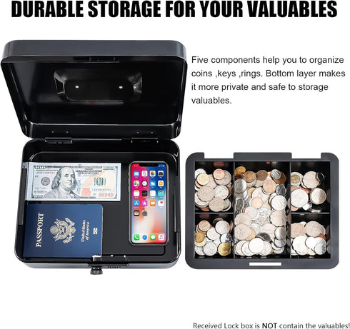 9.84"x 7.87"x 3.54" KYODOLED Large Cash Box with Combination Lock Safe Metal Money Box with Money Tray for Security