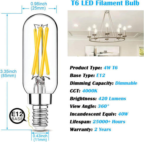 Mlambert 12 Pack Dimmable T6 Bulbs,4W 40W e12 Bulb 4000K,Clear 4W E12 Chandelier,E12 LED Equal Candelabra Light Edison