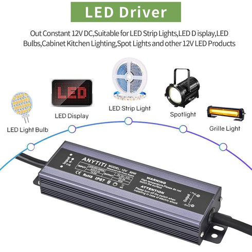 ANYTITI IP67 60W DC12V 5A 3-Prong 4.5feet LED Driver,LED Power Supply Waterproof Output Plug