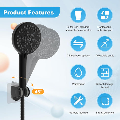Matte Black Adjustable Shower Head Holder - No Drill, Waterproof, Strong Adhesive