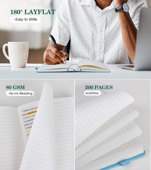 Lined Journal Notebook for Men Women - A5 Leather Journals for Writing, Blue 200 Pages, Travel Daily Journal