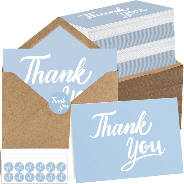 600 Pcs Light Blue Thank You Cards Bulk with Kraft Envelopes and