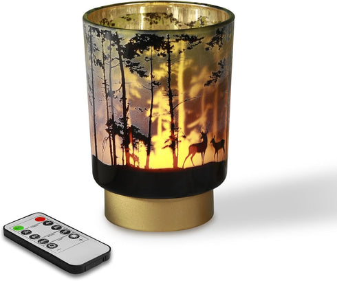 Eywamage Small Battery Operated Table Lamp, Forest Deer Mood Light with Remote, Cordless Glass Lamp