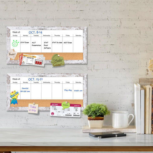 Magnetic Weekly Dry Erase White Board and Cork Board, White Wood Frame for Home Office