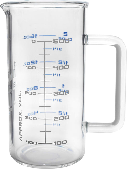 Industrial Beaker Mug - 500ml Extra Heavy Duty 3.3 Borosilicate Glass with Spout - Tall Form, Printed Graduations