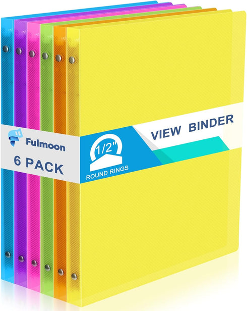 Fulmoon 6 Pack Economy Flexible Plastic 3 Ring Binder with Pocket, Assorted Colors (Clear, 0.5 Inch)