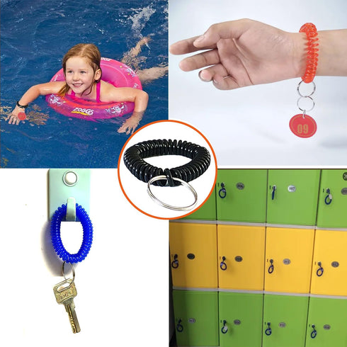 Smanzu 10 Pieces Colorful Wrist Coil Keychain Wristband Spiral Key Ring Bracelet Key Holder for Pool Gym ID Badge(Solid
