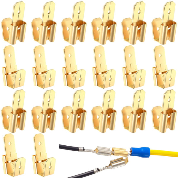 20 Pcs Piggyback Spade Connectors Assortment Kit, 3 Way Adapter Dual Male to Single Female Unisulated Brass