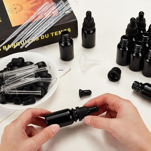 15 Packs 15ml BENECREAT Black Glass Dropper Bottle Vials Glass Eye Dropper Bottle with Labels, Plastic Hoppers
