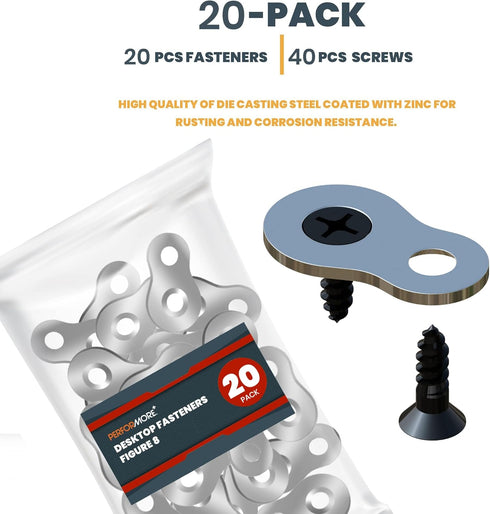Performore 20 Pack Figure 8 Shaped Steel Desk Top Fastener Clip, Heavy Duty Figure-Eight Fasteners Table Top Connector or Desk Top Fastener Clip, Solid Steel with Nickel Screws