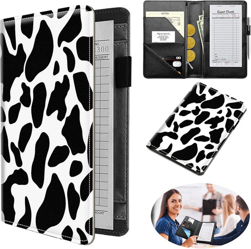 Dikoer PU Leather Server Books for Waitress, 7 Large Pockets with Zipper, Pen Holder Personal Organizer Wallet, Cow