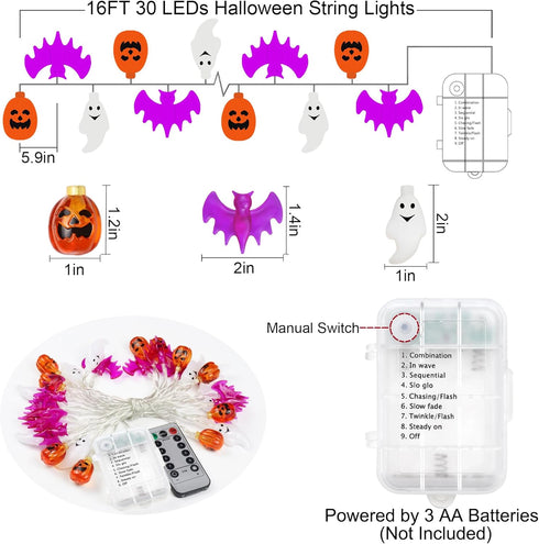 Zimati 16 30 3D 8 Halloween Lights Decorations, FT LED Waterproof Pumpkin Bat Ghost Battery Operated String Lights