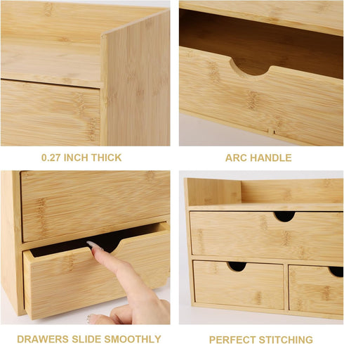 Bamboo Desk Organizer with 3 Drawers, Large Capacity Makeup Storage Box for Home Office and Bathroom