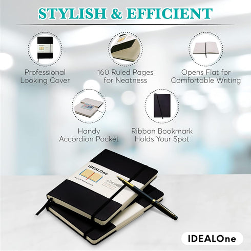 Journal Notebook Lined Classic Hardcover, 5.7 x 8 inches, 160 Pages, 100GSM Thick Paper, Black