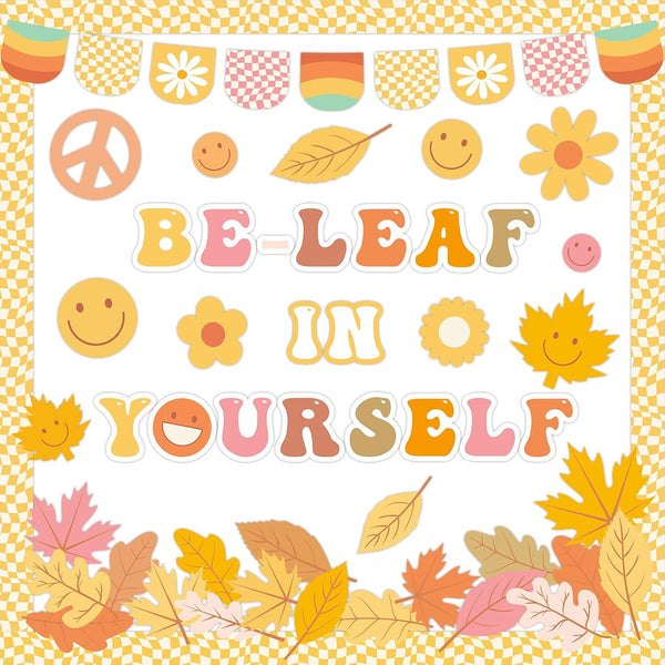 Fall Bulletin Board Decorations Set, Groovy Autumn Classroom Decor with Motivational Leaves Cutouts