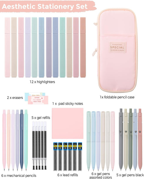 SKYDUE 44Pcs Aesthetic School Supplies, Big Capacity Pencil Case, 12 Highlighters, 11 Gel Pens, College Essentials