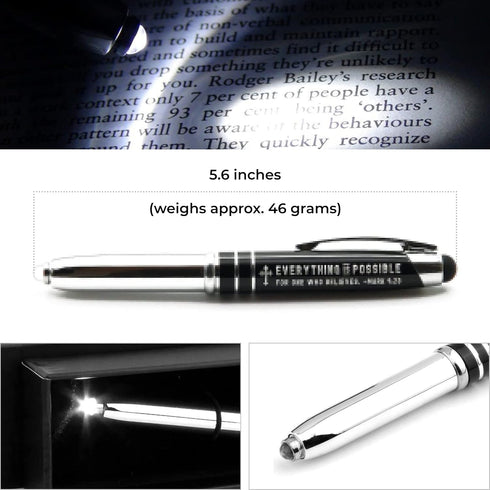 Engraved Bible Gift Pen with Flashlight and Stylus, Mark 9:23, Everything is Possible for One Who Believes