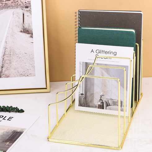 Simmer Stone File Sorter Organizer, 5 Section Magazine Holder Rack for Mail, Paper, Document, Desk Accessories, Gold