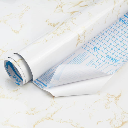 White Marble Contact Paper, 15.7"x78.7", Glossy Peel and Stick Wallpaper with Yellow Marble Grain for Decor