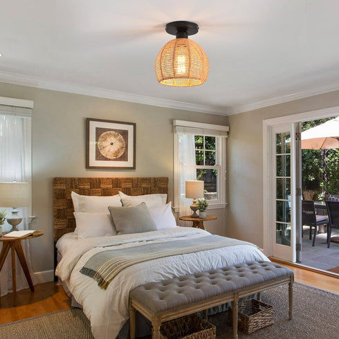KENMI Hand-Woven Rattan Flush Mount Ceiling Light,Farmhouse Light Fixtures Ceiling Mount Boho for Hallway Bedroom