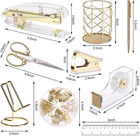 EOOUT Gold Office Supplies Set Desk Accessories, Acrylic Stapler Set Staple Remover, Phone Holder, Tape Holder, Pen Holder, 2 Ballpoint Pen, Scissor, Binder Clips, Ruler, Transparent Glue and Staples. by EOOUT