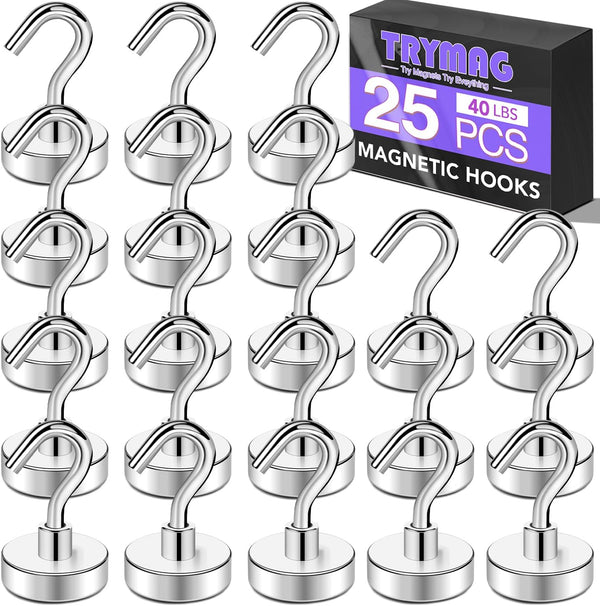 TRYMAG 25 Pack Heavy Duty Magnetic Hooks, 40Lbs+ Neodymium Magnets for Strong Magnetic Hanging in Kitchen, Toolbox