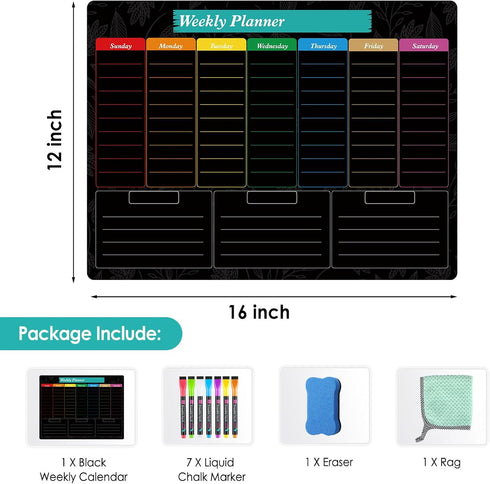 MaxGear 16"x12" Magnetic Weekly Black Dry Erase Board, Meal Planner Blackboard for Fridge with 5 Markers and 1 Eraser