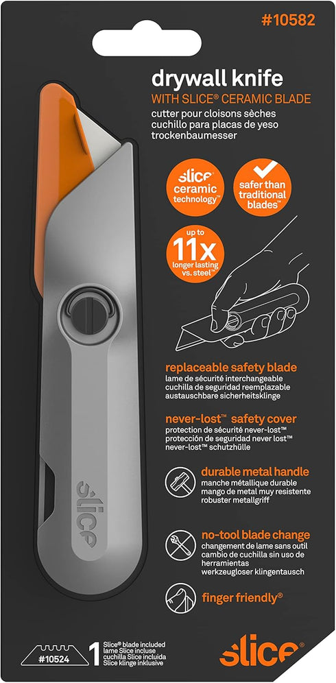Slice 10582, Drywall Knife, Ergonomic Aluminum Handle for Easier Cuts, Attached Safety Cap, Finger Friendly Ceramic Blades, Lasts 11x As Long as Metal by Slice