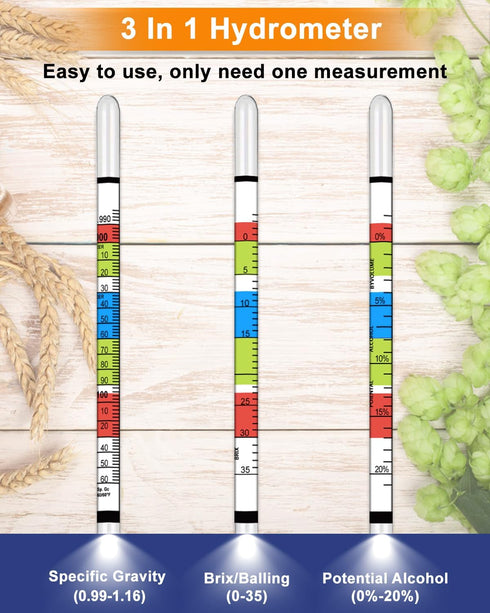 Triple Scale Hydrometer, Alcohol Hydrometer for Wine, Mead, Kombucha & Beer Brewing Supplies