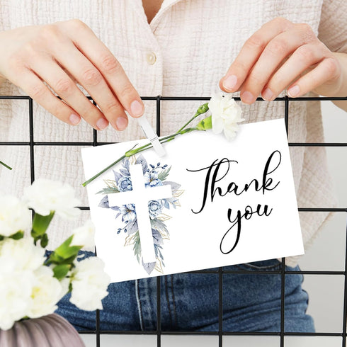 50Pcs FYSUIMU Funeral Thank You Card Cross Flower Sympathy Boxed Thank You Card with Sticker Envelope Blue Floral